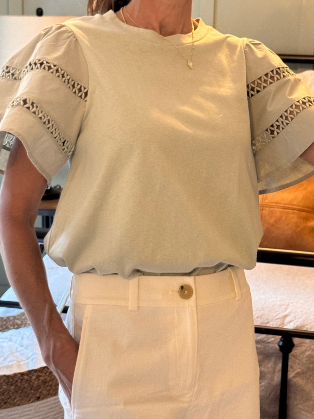 Women’s Light Green Short Sleeve Eyelet Sleeve Tee